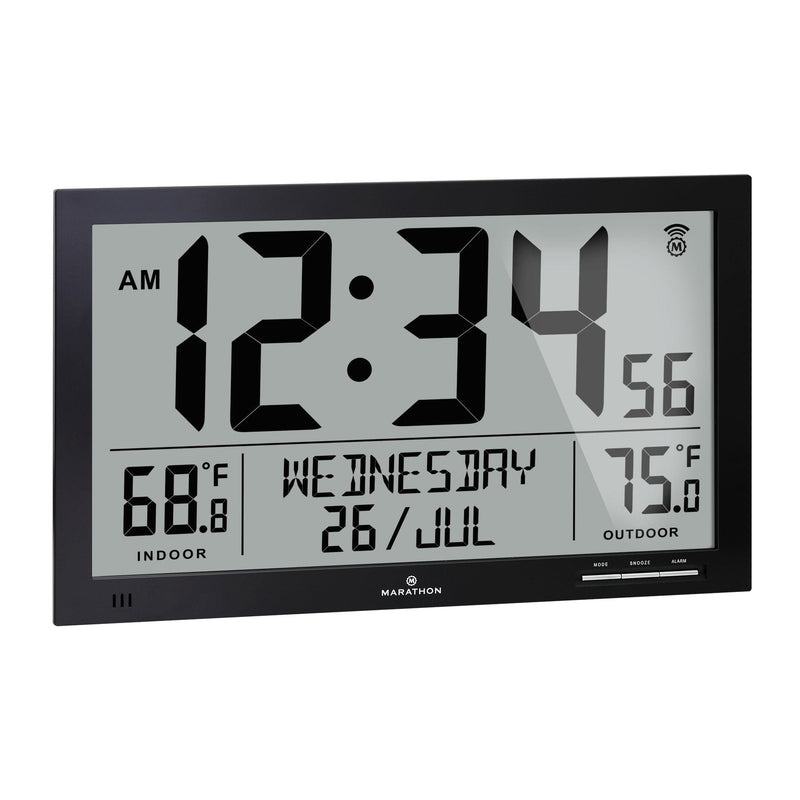 Dark Gray Slim Atomic Full Calendar Wall Clock with Extra Large Digits and Indoor/Outdoor Temperature