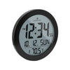 Dark Slate Gray Round Digital Wall Clock with Date and Indoor Temperature. Foldout Table Stand - Batteries Included